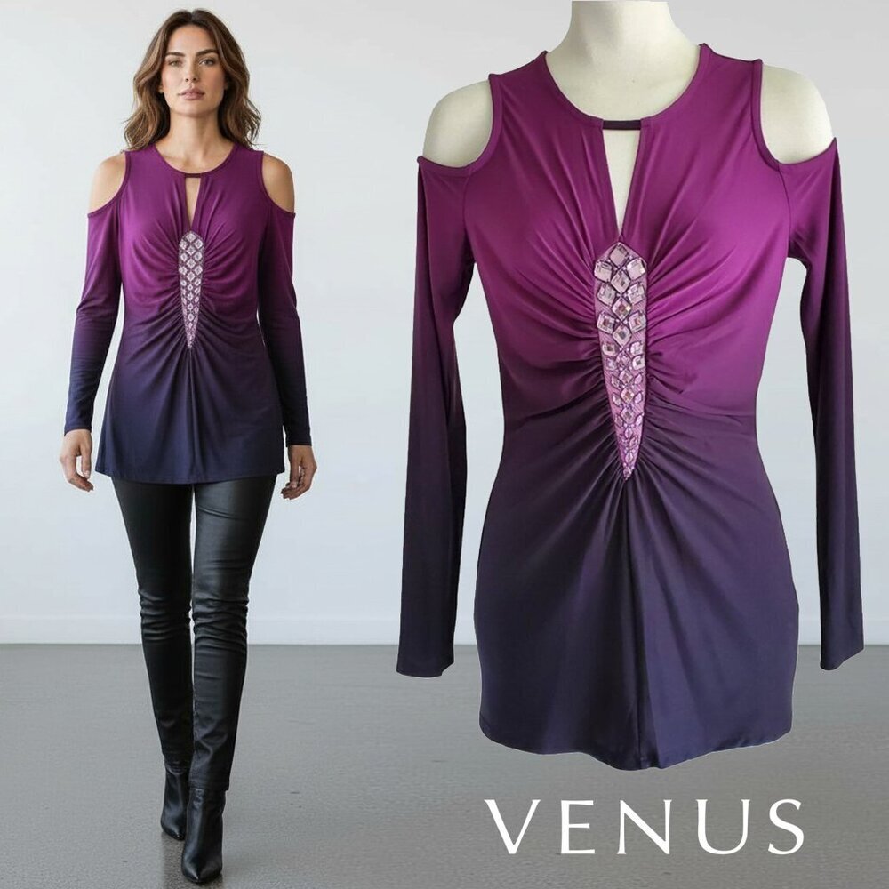 NWT VENUS Blingy Jeweled Ruched Sexy Dressy Top Ombre Cold Shoulder Mob Wife S